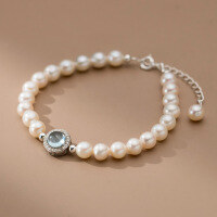 wholesale S925 sterling silver round diamond sea blue topaz Swarovski pearl bracelet, niche French-style luxury women's accessory S6826-S925 silver one pearl model (with tail chain)>925 silver