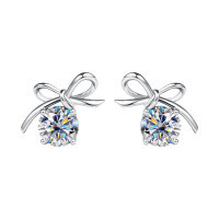 Metal Cute Sweet Bow Four-Prong Moissanite Stud Earrings-50-point Moissanite Earrings  925 Silver