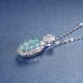 S925 Silver, Gold-Plated, and Diamond Natural Aqua Jadeite Leaf Pendant Necklace-0-2