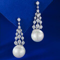 wholesale S925 Sterling Silver New Sparkling Tassel 11mm Pearl Ear Studs, Small and Exquisite Style-0-0