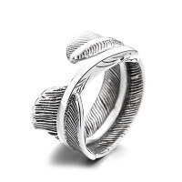 wholesale S925 Sterling Silver Vintage Heavy Wide Feather Adjustable Open Ring Punk Style Statement Ring-701FJ/approx. 10.5g Adjustable opening
