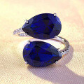 wholesale S925 silver new drop-shaped natural vintage blue sapphire 6*8mm adjustable open ring-0-0
