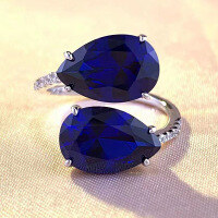 wholesale S925 silver new drop-shaped natural vintage blue sapphire 6*8mm adjustable open ring-K031 Blue Diamond>One Size