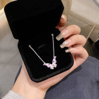 wholesale S925 Sterling Silver Gradient Purple Butterfly Necklace for Women, Forest Style Sweet Niche Design Light Luxury High-End Sense Collarbone Chain-Gradient Purple Forest Butterfly Necklace/Approx. 4.18g&gt;TL013859
