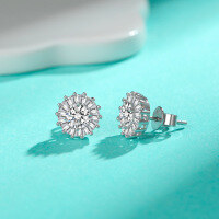 wholesale S925 Sterling Silver Moissanite Sunflower Stud Earrings, Versatile and Simple Fashion Earrings for Wholesale Live Streaming-50 points + 50 points (zircon) earrings 925 silver