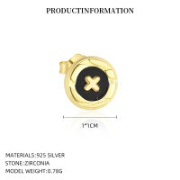 wholesale S925 Sterling Silver Round Vintage Button Earrings with Inlaid White Shell, Luxury Advanced Style, Cross-Border Wholesale-YE0211_Black Agate_18K Yellow Plated_Pair_With Small Flower Ear Cap 925 Silver