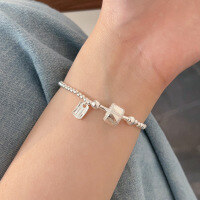 wholesale S925 Sterling Silver Round Bead Letter Lutong Bracelet for Women, Korean Summer New Edition High-end Niche Versatile Hand Accessory-Sterling silver (14-18CM elasticity adjustable)