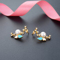 wholesale S925 sterling silver diamond-encrusted pearl drop oil-painted floral earrings, trendy OL-style pearl earrings from Dongdaemun, Korea-0-3