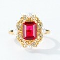 wholesale S925 Sterling Silver with 10K Gold Plated Japanese Retro-Style Geometric Red Ruby Ring for Women, Drop Shipping-0-2