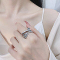 wholesale S925 Sterling Silver Vintage Heavy Wide Feather Adjustable Open Ring Punk Style Statement Ring-0-1