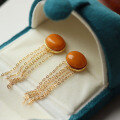 wholesale S925 Silver Vintage Natural Old Amber Beeswax Mustard Yellow Amber Earrings with Tassels, High-End-0-1