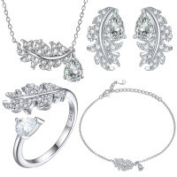 wholesale S925 Sterling Silver Forest-Style Luxury Brand Inspired Leaf Ring, Earrings, Necklace, and Bracelet Four-Piece Set with a High-End Feel-Ring US size 10#