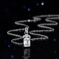 Sterling Silver Natural Blue Topaz Moissanite Necklace Pendant, 1 Carat, Geometric Emerald Cut-Set with white moissanite  925 silver
