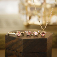 wholesale Platinum & Diamond New Arrival Fresh Sweet Versatile Pink Lab-Grown Padparadscha Gemstone Ring Necklace Earring Set-Ring size 8