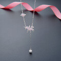 wholesale S925 Sterling Silver Unicorn Long Tassel Pendant Necklace for Women, Korean Style Minimalist Pink Zircon Collarbone Chain with Unique Design-0-0