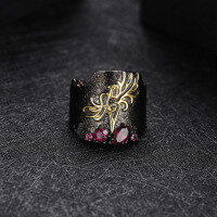 wholesale S925 Silver Adjustable Designer High-End Ring with Inlaid Natural Gemstone, Individualistic Dark Retro Style-Natural black pomegranate ring Adjustable opening