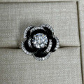 wholesale S925 Sterling Silver New Jewelry Collection: Camellia Flower Ring with 65mm Round White Diamond Stamen and Bud Ring Band-0-2