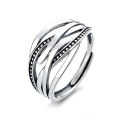 wholesale S925 Sterling Silver Japanese Korean Retro Vintage Thai Silver Ins Minimalist Style Line Cross Open Adjustable Ring Unisex-0-4