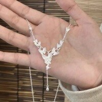 wholesale 990 Sterling Silver Multi-Butterfly Chinese Style Necklace for Women, Elegant Tassel Long Layered Beaded Butterfly Collarbone Chain with Dynamic Pendant-Pure silver butterfly tassel necklace 7.7g Pure silver
