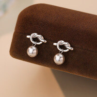 wholesale S925 Sterling Silver Knotted Bead Earrings, French Retro Style, Minimalist Geometric Design-E3636-White Gold 925 Silver