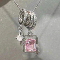 wholesale 925 Sterling Silver Geometric Pink Zircon Necklace for Women, Light Luxury Small Three-Loop Square Collarbone Chain with Sparkling Diamonds-0-5