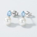 wholesale S925 Sterling Silver Japanese Korean Style Minimalist Geometric Natural Aquamarine Stud Earrings with Freshwater Pearls-0-1