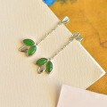 wholesale 925 Sterling Silver with Hetian Jasper Green Jade Long Leaf Earrings-0-5
