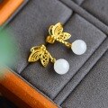 wholesale [Gold-Plated 925 Silver Butterfly Inlaid with Hetian Jade Earrings, Wholesale Palace Ancient Style 8mm Round Bead Jade Ear Drops]-0-2