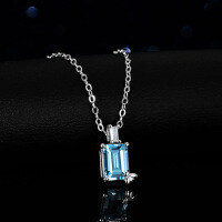 Sterling Silver Geometric Rectangular Natural Blue Topaz Moissanite Necklace Pendant-Set with white moissanite  925 silver