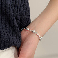 wholesale S925 Sterling Silver Hand-strung Bead Cat's Eye Round Bead Bracelet for Women, Korean New Style High-end Retro Jewelry-Pure silver (16+3CM)