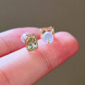 wholesale S925 Sterling Silver Square Green Tourmaline Stud Earrings, Simple Classic Versatile Exquisite Dewdrop Daily Commute-0-3