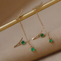wholesale S925 sterling silver small and exquisite elegant long tassel earrings for women with gold bead chain and emerald-0-3