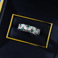 wholesale Sterling silver oval-shaped row ring with synthetic green spinel and high-carbon diamond-cut green stones-0-2