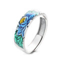 wholesale S925 Sterling Silver Retro Resin Enamel Chinese National Style Blooming Wealth Lotus Elegant Adjustable Ring-0-6