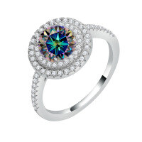 wholesale S925 Sterling Silver Cross-Border Luxury Full Moissanite Round Pack Ring, Advanced and Versatile Fashion Women's Jewelry Wholesale-1 carat (colorful blue moissanite) ring size 6