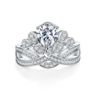 wholesale 18K White Gold Crown Ring with Moissanite, Emerald, Ruby, and Sapphire in Teardrop Pear Shape-Teardrop-shaped Moissanite (This style is sold out and will not be restocked) Size 11 (US 5)