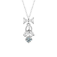 Sterling Silver Moissanite Bell Necklace with Bow Pendant-Bow and bell necklace (white gold)  30-point moissanite (925 silver)