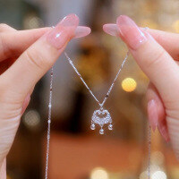 wholesale S925 Sterling Silver Maker's Chinese Style Pendant Necklace for Women, Fashionable and Versatile Lucky Locket Collarbone Chain-Fan Family Same Style Peace Lock Necklace - Platinum &gt; 925 Silver