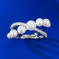 wholesale S925 Sterling Silver Full Diamond Pearl Crossover Ring for Women, Celebrity Same Style, by Mu Jing-0-5