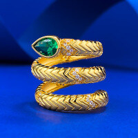 wholesale [S925] Vintage Style Snake Ring with 5*7 Nano Green Finish, Heavy Workmanship, Casual Fashion Design, Moojing Jewelry New Release-R1093 Snake Ring Gold No. 7