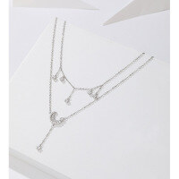 wholesale 925 Sterling Silver Pearl Double-Layered Stackable Necklace for Women, Minimalist and Unique High-End Design Star and Moon Tassel Collarbone Chain-Double necklace platinum &gt; 925 silver