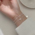 wholesale S925 Silver Double-Layer Heart Bracelet with Beaded Design, Korean and Japanese Style, Sweet Matching Accessory for Best Friends S4368-0-0