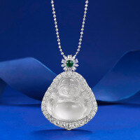 wholesale S925 silver live-streaming style necklace with inlaid natural aventurine Buddha pendant, high-ice chalcedony adjustable drop pendant, available for dropshipping-N435 Water-foam Jade Buddha Pendant>925 Silver