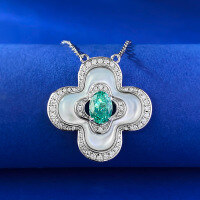 wholesale S925 Silver Four-Leaf Clover Paraiba Mother-of-Pearl Necklace, Fashionable and Versatile Commuter Pendant, Live Stream Best Seller-N359 Four-leaf Clover Paraiba Necklace 925 Silver