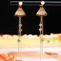 wholesale S925 silver Chinese-style folding fan earrings with long tassels, white shell, and pearl accents-0-1