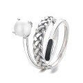 wholesale S925 Silver Retro Vintage Three-Layer Twist Pearl Drip Resin Trendy Design Open Adjustable Ring-0-4
