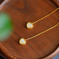 wholesale 925 Silver Gold-Plated Inlaid Hetian Jade Heart-Shaped Jade Earrings Cheongsam Hanfu Ear Accessories Wholesale-Gold-plated heart-shaped Hetian jade earrings 925 silver