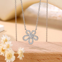 wholesale S925 sterling silver plated with 18K gold hollow petal full diamond necklace with moissanite floral pendant fashion elegant collarbone chain-Platinum