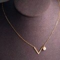 wholesale Metal Pearl Letter V Necklace for Women, Light Luxury, Niche, High-End English Collarbone Chain, Korean Style Elegant Accessory, Douyin Live-0-0