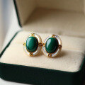 wholesale 925 Sterling Silver Plated with 18k Gold Vintage High-End Natural Malachite and Mother-of-Pearl Large Cabochon Earrings-0-0